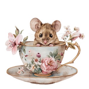 8 Clipart mouse e tazza da tè, Clipart tazza da tè, clipart acquerello stampabile, JPG di alta qualità, download digitale, artigianato di carta, diario