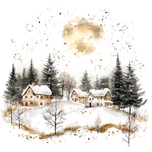 9 Weihnachtskarte Clipart, Winterdorf Karte, druckbare Aquarell Clipart, hochwertige JPGs, digitaler Download, Papiermodell, Junk Journals