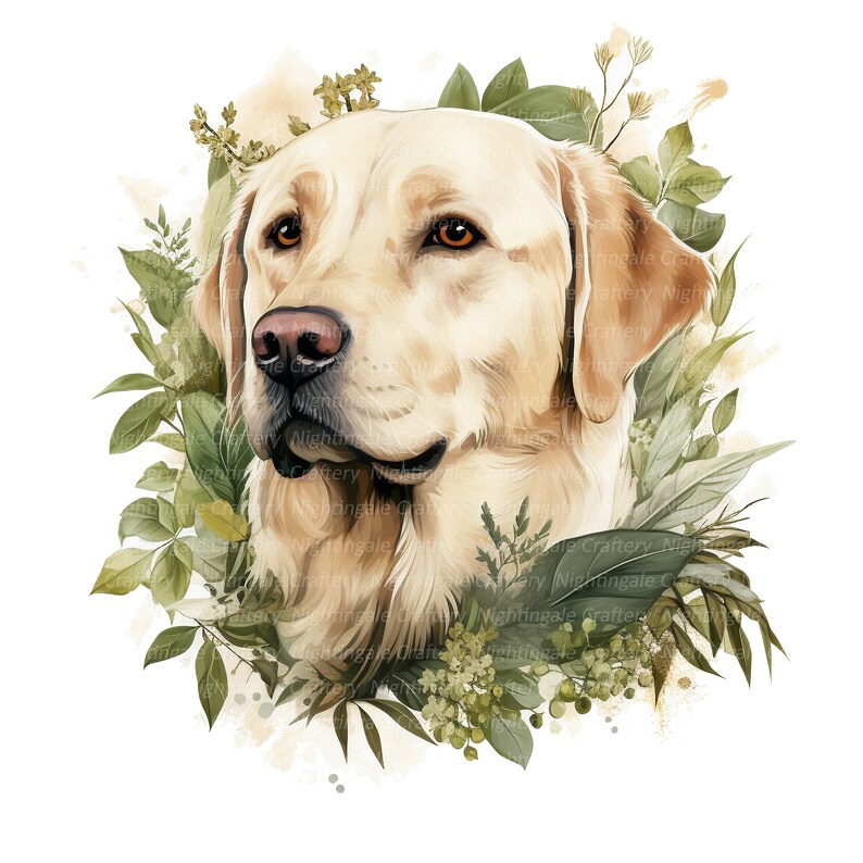 Może przedstawiać: Cyfrowy obraz golden retrievera w miękkim, akwarelowym stylu. Pies otoczony jest zielonymi liśćmi i kwiatami, tworząc fantazyjny portret inspirowany naturą.