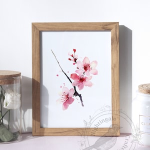 桜のアートプリント、ピンクの桜のプリント、水彩画、デジタルプリント、桜のイラスト、花柄プリント、花の装飾