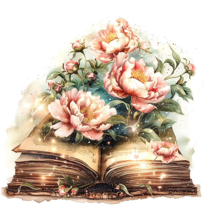 May include: An open antique book with aged pages and a golden glow. Delicate pink peonies with green leaves are blooming around the book, creating a magical and whimsical scene.