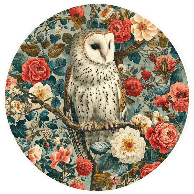 Peut inclure: Un hibou des granges blanc aux yeux noirs perch&eacute; sur une branche entour&eacute;e de fleurs color&eacute;es et de verdure. Le hibou a un motif tachet&eacute; blanc et gris sur ses plumes.
