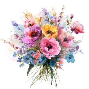 Clipart de buquê de 10 flores, buquê conjugal, clipart aquarela para impressão, PNGs de alta qualidade, download digital, artesanato em papel, diário indesejado