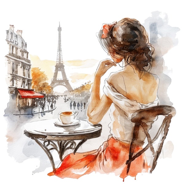 11 Mujer en Café Clipart, Vintage Paris, Imágenes Prediseñadas de acuarela imprimible, JPG de alta calidad, Descarga digital, Artesanía de papel, diarios basura