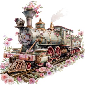 10 imágenes prediseñadas de tren floral, locomotora floral, imágenes prediseñadas de acuarela imprimible, JPG de alta calidad, descarga digital, artesanía de papel, diario basura