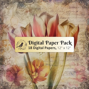 18 documenti di sfondo vintage tulipani, pacchetto di carta digitale 12 x 12, carta per diario spazzatura, carta per album, carta stampabile, JPG di alta qualità
