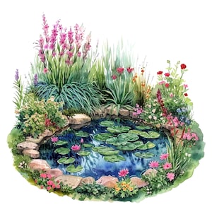 14 Clipart jardin avec étang, jardin, clipart aquarelle imprimable, fichiers JPG de haute qualité, téléchargement numérique, créations en papier, journaux indésirables