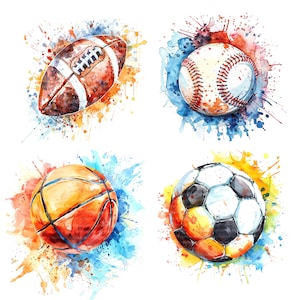 21 cliparts de ballons de sport, football, clipart de basket-ball, clipart aquarelle imprimable, PNG de haute qualité, téléchargement numérique, créations en papier, journaux intimes