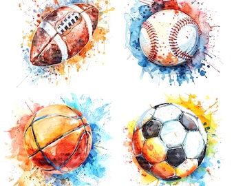 21 Sport Balls Clipart, Soccer, Basketball Clipart, Printable Watercolor clipart, High Quality PNGs, Digital download, Paper craft, journals