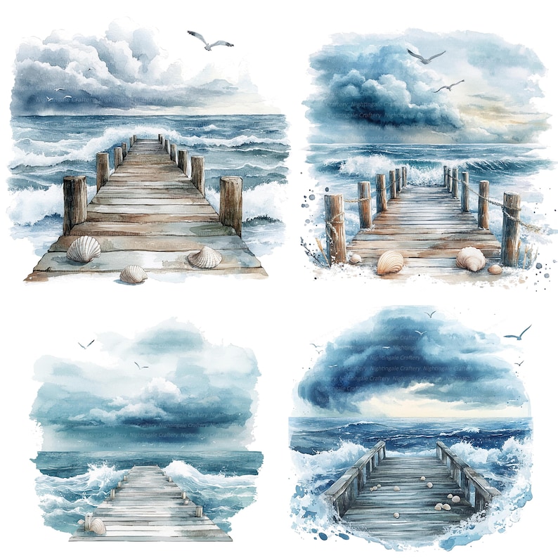 May include: Four watercolor paintings of wooden piers extending into a stormy sea. Each painting features a different stormy sky with dark clouds and crashing waves. The piers are made of weathered wood and have a rustic charm.