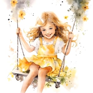 10 cliparts petite fille dans la balançoire, fille florale, clipart aquarelle imprimable, fichiers JPG de haute qualité, téléchargement numérique, créations en papier, journal indésirable