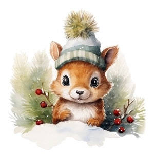 12 mignon bébé écureuil avec chapeau Clipart, clipart aquarelle imprimable, fichiers JPG de haute qualité, téléchargement numérique, haute résolution, créations en papier