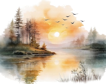 16 Clipart paysage de lac, Lake Sunrise, clipart aquarelle imprimable, fichiers JPG de haute qualité, téléchargement numérique, haute résolution, créations en papier