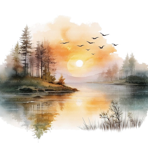 16 Clipart paysage de lac, Lake Sunrise, clipart aquarelle imprimable, fichiers JPG de haute qualité, téléchargement numérique, haute résolution, créations en papier