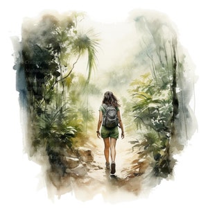 May include: A watercolour painting of a woman walking along a path through a lush green forest. The woman is wearing a green shirt and shorts and carrying a rucksack. The path is surrounded by tall trees and ferns.