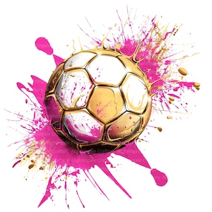 May include: A gold and white soccer ball design with pink and gold paint splatter. The soccer ball has a metallic sheen and is set against a white background. The image has a modern, artistic feel.