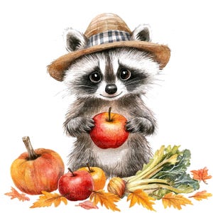 12 récolte raton laveur Clipart, clipart Thanksgiving, clipart aquarelle imprimable, JPG de haute qualité, téléchargement numérique, créations en papier, journal
