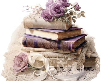 Puede incluir: Una pila de libros antiguos con cubiertas moradas y detalles dorados, adornada con un ramo de rosas lavanda y una cinta de satén blanca, descansando sobre un delicado mantel de encaje.