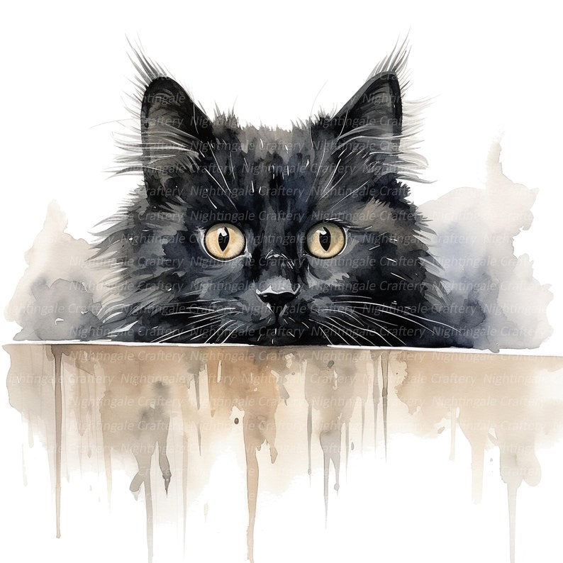 May include: A black cat with yellow eyes peeks over the edge of a wooden surface. The cat's fur is painted in a watercolor style, with soft, blended edges. The background is a light brown watercolor wash.