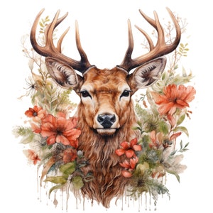 12 clipart floral cerf élaphe, clipart aquarelle imprimable, JPG de haute qualité, téléchargement numérique, haute résolution, créations en papier, journaux indésirables