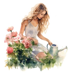 11 femme arrosant des fleurs Clipart lot 2, clipart aquarelle imprimable, fichiers JPG de haute qualité, téléchargement numérique, créations en papier, journaux indésirables