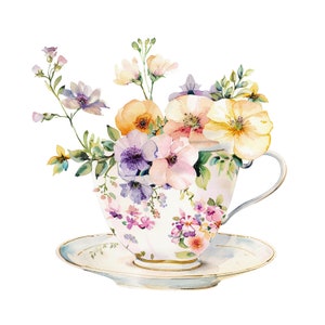 12 bloemen theekop clipart, vintage theekop, afdrukbare aquarel clipart, hoge kwaliteit jpg's, digitale download, Paper Craft, ongewenste tijdschriften