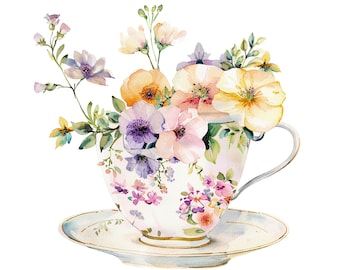 12 Floral Tea Cup Clipart, Vintage Tea Cup, Printable Watercolor clipart, High Quality PNGs, Digital download, Paper craft, junk journals