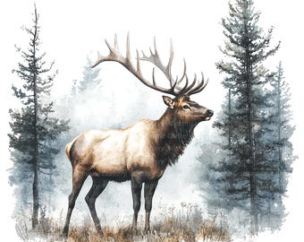 May include: A watercolour painting of an elk standing in a misty forest. The elk is brown with a large rack of antlers. The forest is made up of tall, dark green trees.