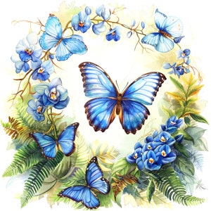 9 Clipart di orchidee, farfalle blu, fiori, clipart di acquerelli stampabili, JPG di alta qualità, download digitale, creazione di carta, diario di scarto