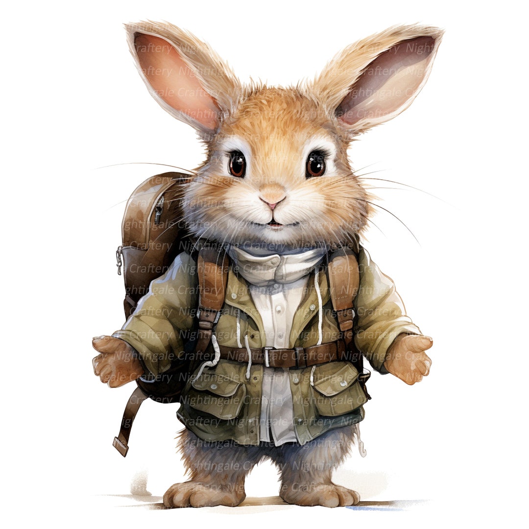 10 Bunny With Backpack Clipart, Travel Bunny, Printable Watercolor