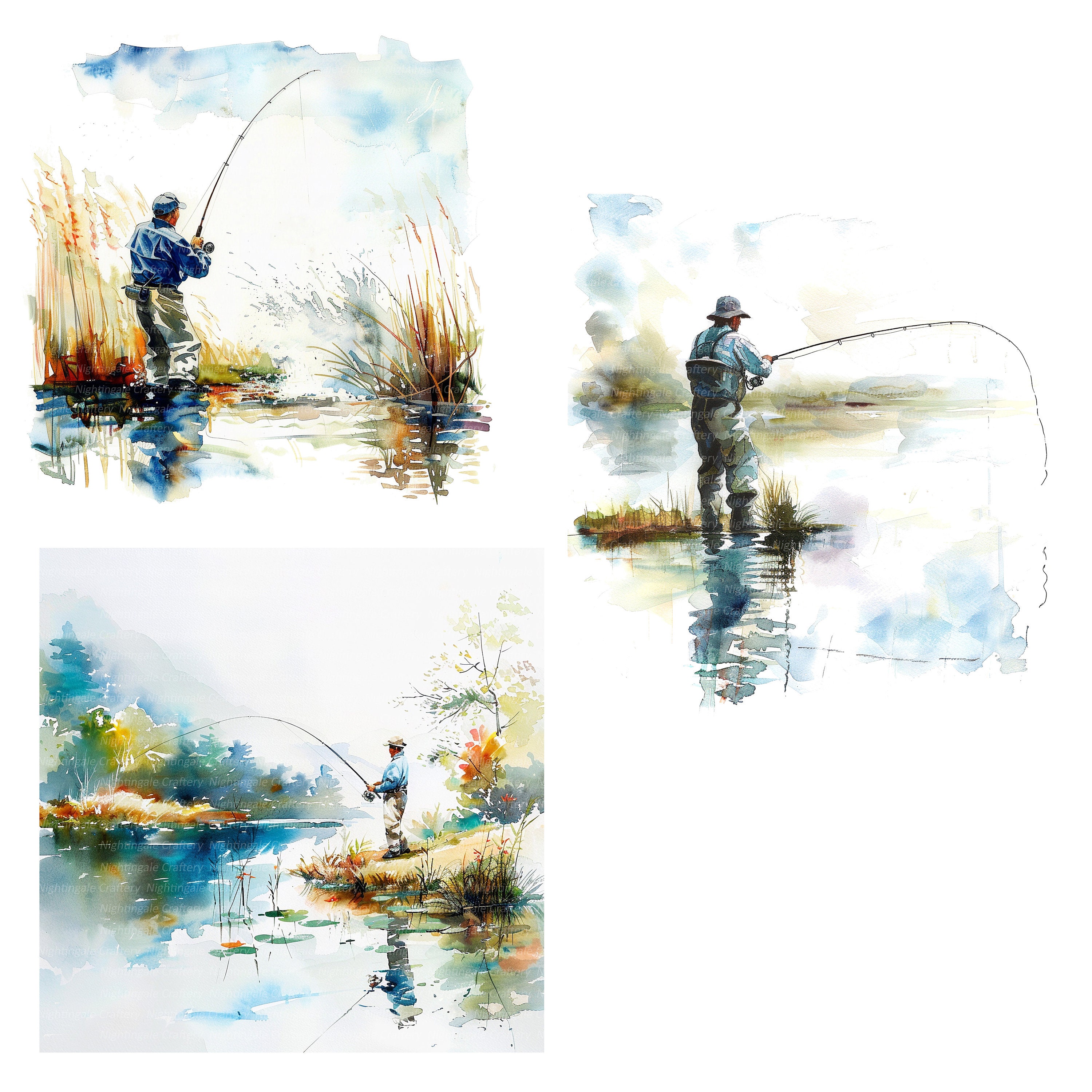 14人の釣り人クリップアート、湖での釣り風景、印刷可能な水彩画