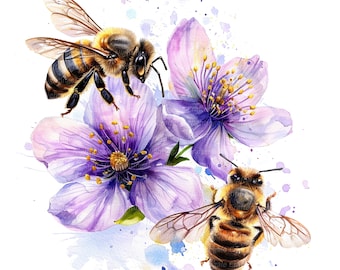17 Bees in Flowers Clipart, Floral Bees Clipart, Printable Watercolor clipart, High Quality PNG, Digital download, Paper craft, junk journal
