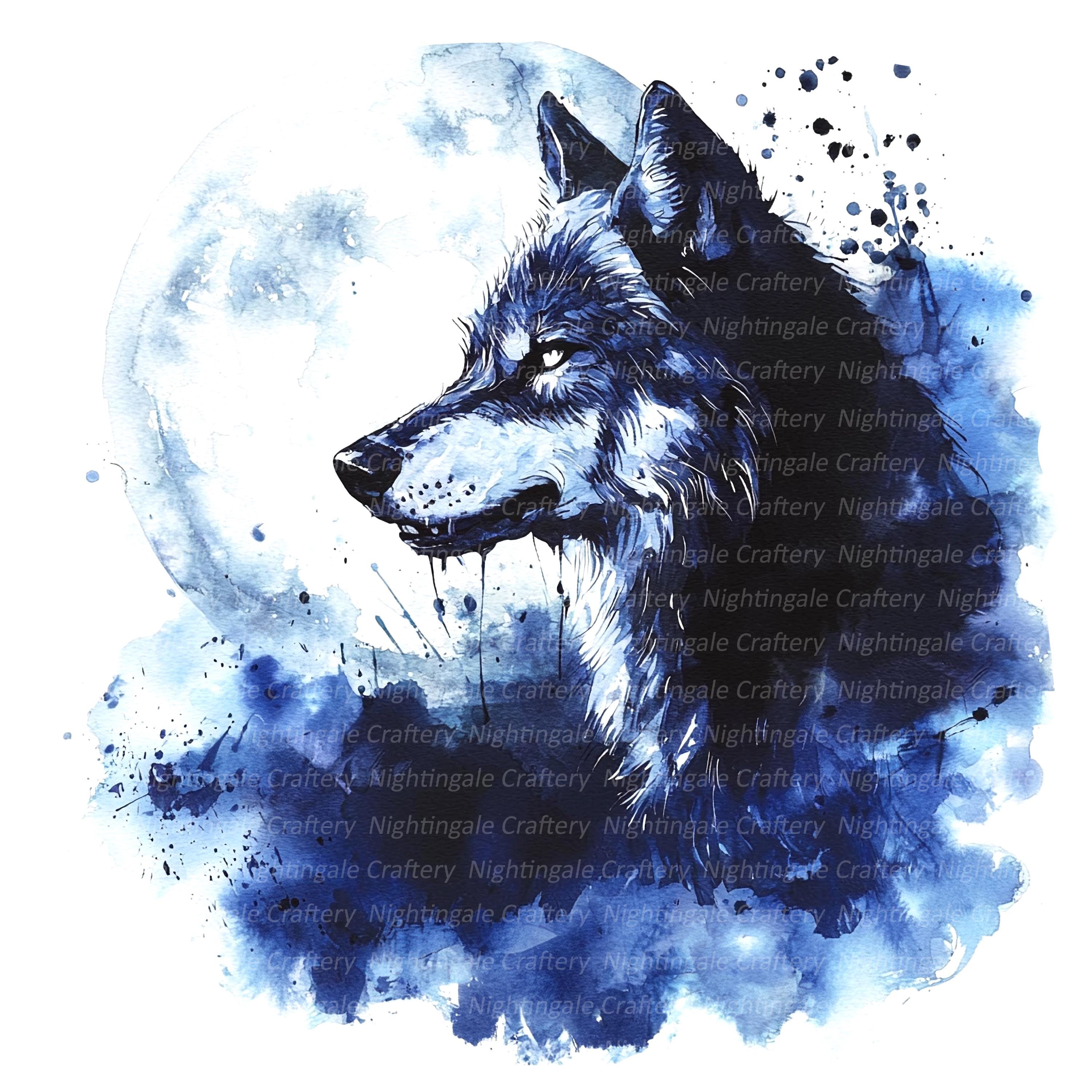 月明かりの中の狼のクリップアート 10 枚、狼の横顔、印刷可能な水彩画