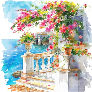 12 Clipart per balconi floreali, Paesaggio della Grecia, Clipart acquerello stampabile, JPG di alta qualità, download digitale, Mestiere di carta, diario spazzatura