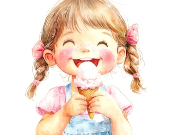 9 Kid Ice Cream Clipart, Cartoon Ice Cream, Printable Watercolor Clipart, Wysokiej Jakości JPG, Pobieranie Cyfrowe, Rękodzieło Papierowe, Dziennik Śmieciowy