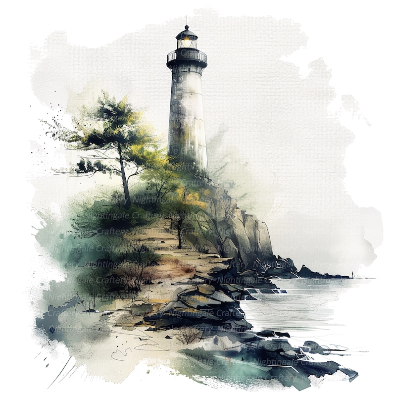 May include: A watercolor painting of a lighthouse on a rocky cliff overlooking the ocean. The lighthouse is white with a black roof and a light on top. The water is a light blue and the sky is a light gray. There are trees and bushes in the foreground.