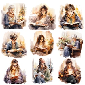 23 Clipart di topi di biblioteca, Leggere un libro, Libro letto, Clipart acquerello stampabile, PNG di alta qualità, Download digitale, Lavoretti di carta, diario spazzatura