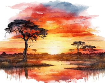 8 imágenes prediseñadas de puesta de sol sobre el desierto, imágenes prediseñadas de puesta de sol en África, imágenes prediseñadas de acuarela imprimibles, PNG/JPG de alta calidad, descarga digital, manualidades de papel