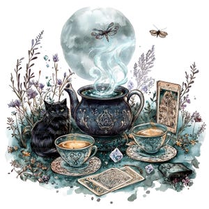 14 Rituel du thé de la sorcière mystique, Clipart tasse de thé, clipart aquarelle imprimable, PNG de haute qualité, téléchargement numérique, créations en papier, journal indésirable