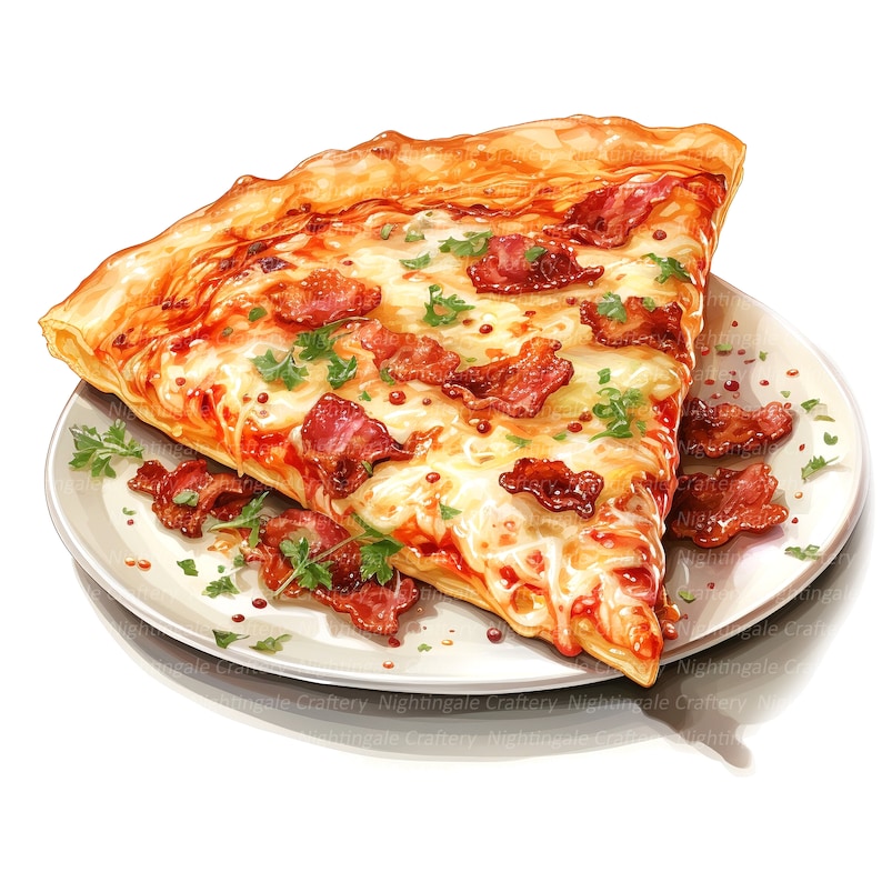 May include: A slice of pizza with bacon, cheese, and parsley on a white plate. The pizza has a red sauce base and is topped with melted cheese and crispy bacon.