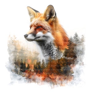 Pu&ograve; includere: Una volpe rossa con il petto bianco e il naso nero guarda a sinistra. La volpe &egrave; circondata da un effetto acquerello di una foresta con alberi e foglie in tonalit&agrave; di arancio, giallo e marrone.