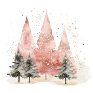 May include: Watercolour painting of a winter forest scene with three tall, pink trees and four smaller, green trees. The background is white with gold glitter.