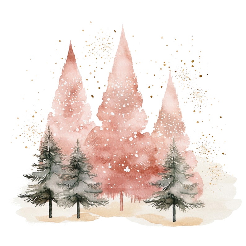 May include: Watercolour painting of a winter forest scene with three tall, pink trees and four smaller, green trees. The background is white with gold glitter.