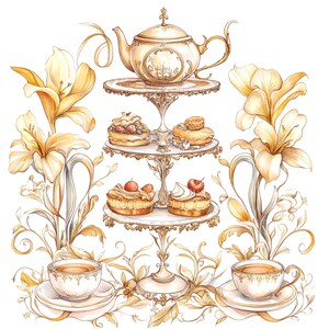 10 tè Art Nouveau floreale, clipart del Tea Party, clipart acquerello stampabile, JPG di alta qualità, download digitale, artigianato di carta, diario spazzatura