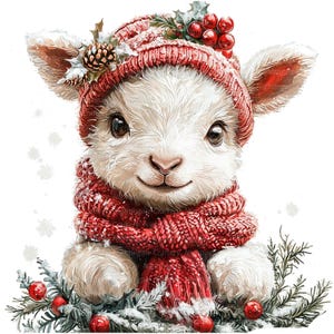 May include: A charming illustration of a lamb wearing a red knit hat and scarf, adorned with holly and berries. The lamb's white fur contrasts with the festive red, creating a cozy winter scene. The image evokes a sense of warmth and holiday cheer.