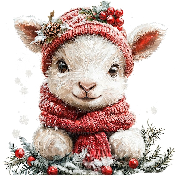 10 Christmas Lamb Clipart, Sheep Clipart, Printable Watercolor clipart, High Quality JPG/PNGs, Digital download, Paper crafts, junk journal