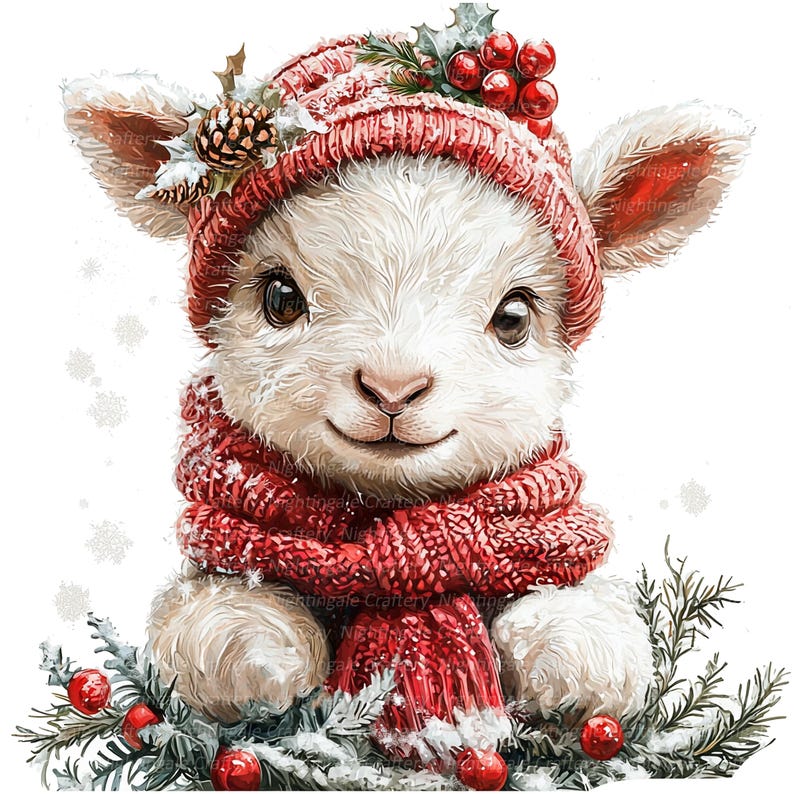 May include: A charming illustration of a lamb wearing a red knit hat and scarf, adorned with holly and berries. The lamb's white fur contrasts with the festive red, creating a cozy winter scene. The image evokes a sense of warmth and holiday cheer.