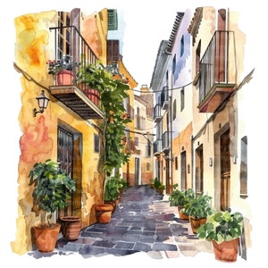 7 Imágenes prediseñadas de vista de la calle de España, vista urbana de España, imágenes prediseñadas de acuarela imprimibles, PNG de alta calidad, descarga digital, manualidades de papel, diario basura