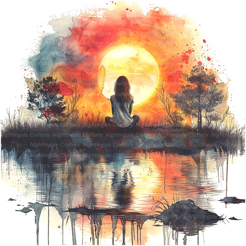 Puede incluir: Pintura a la acuarela de una persona sentada frente a un sol grande y brillante sobre una masa de agua. La escena est&aacute; representada en tonos c&aacute;lidos de naranja, rojo y amarillo, con reflejos en el agua. &Aacute;rboles y hierba est&aacute;n silueteados.