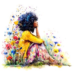 12 Clipart di donna floreale nel prato, sognante, clipart di acquerello stampabile, JPG di alta qualità, download digitale, artigianato di carta, diario spazzatura
